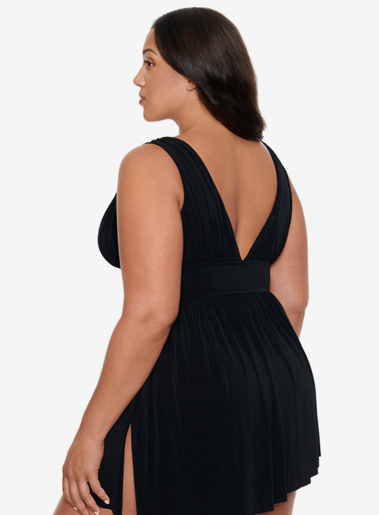 Women's Plus Black Tie Goddess Long Torso Flyaway Swimdress