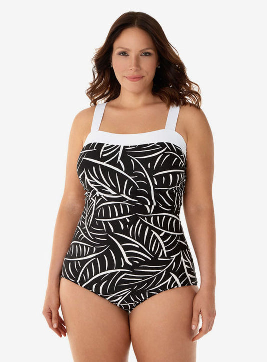 Women's Plus Solitaire Leaf Square Neck One Piece Swimsuit